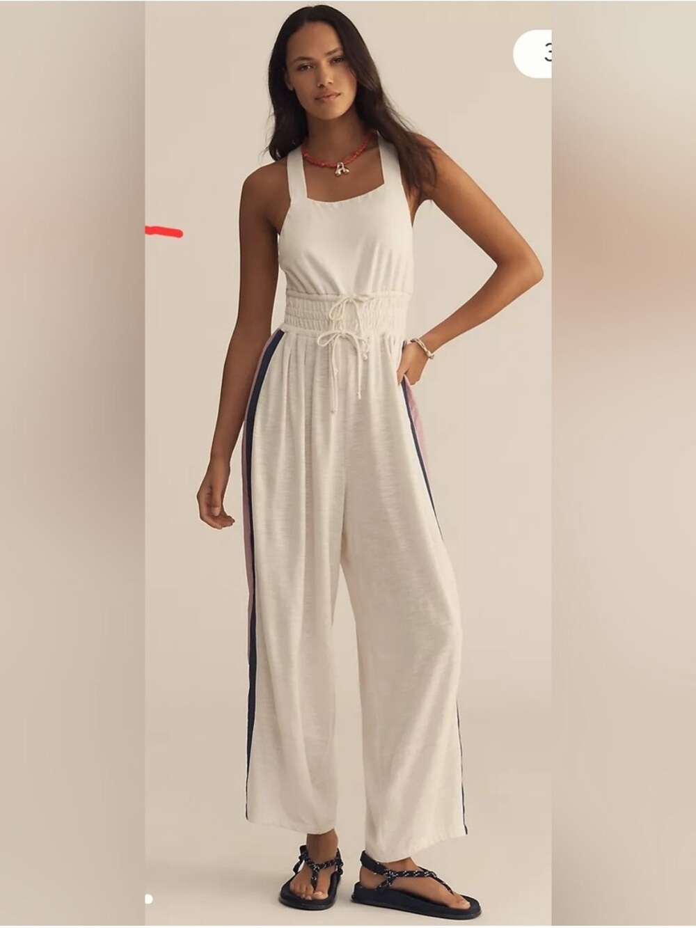 Anthropologie Cream Wide-Leg Sleeveless Jumpsuit with Side Stripe